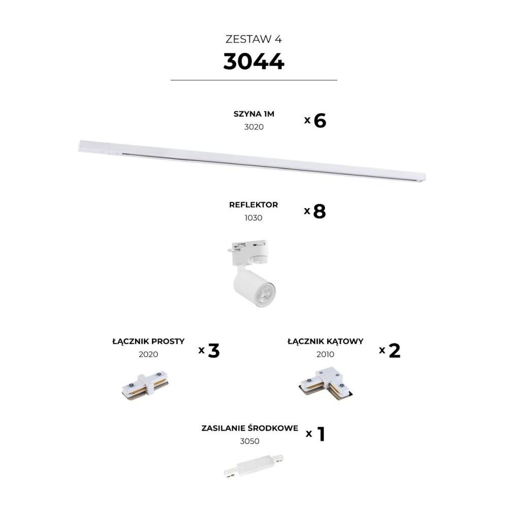 Obraz przedstawia zestaw oświetleniowy składający się z elementów: 6 szyn 1m (3020), 8 reflektorów (1030), 3 łączników prostych (2020), 2 łączników kątowych (2010) i 1 zasilania środkowego (3050).