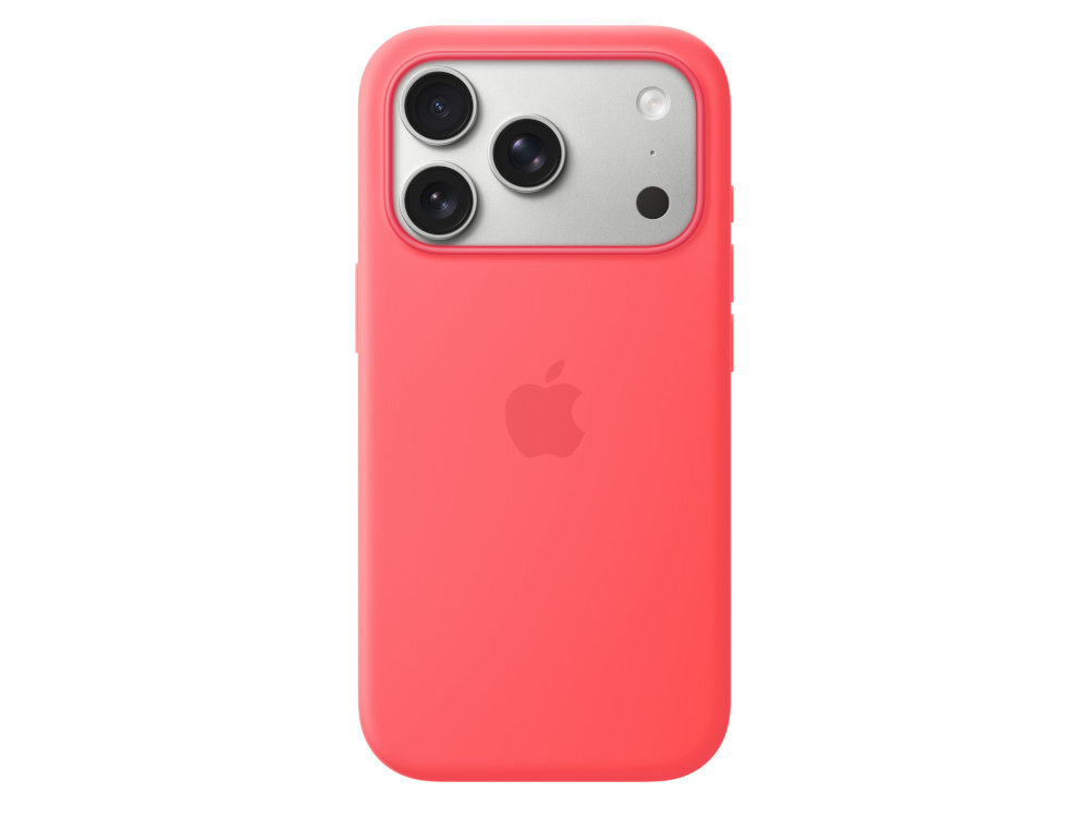 Różowe etui na telefon z trzema widocznymi obiektywami aparatu i logo w kształcie jabłka.