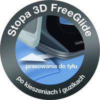 Okrągła grafika z napisem \'Stopa 3D FreeGlide prasowanie do tyłu po kieszeniach i guzikach\'.