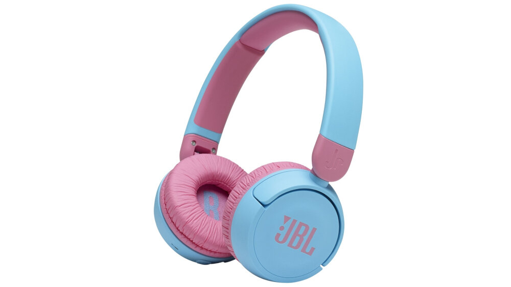 Słuchawki nauszne w kolorze niebieskim z różowymi elementami, na nausznikach widoczne logo \'JBL\'.
