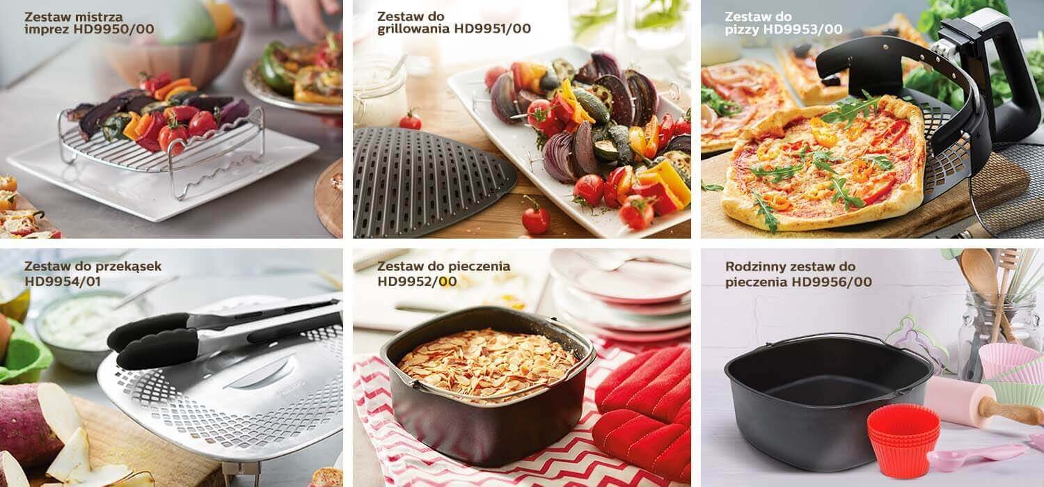 Obraz przedstawia sześć różnych zestawów akcesoriów do frytkownicy beztłuszczowej, w tym zestaw mistrza imprez, zestaw do grillowania, zestaw do pizzy, zestaw do przekąsek, zestaw do pieczenia oraz rodzinny zestaw do pieczenia. Każdy zestaw jest oznaczony kodem produktu, a na zdjęciach widoczne są różne potrawy przygotowane przy użyciu tych akcesoriów.