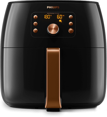 Czarna frytkownica beztłuszczowa z brązowym uchwytem i panelem sterowania z wyświetlaczem pokazującym temperaturę 180° i 60° oraz przyciskami. Logo: PHILIPS.