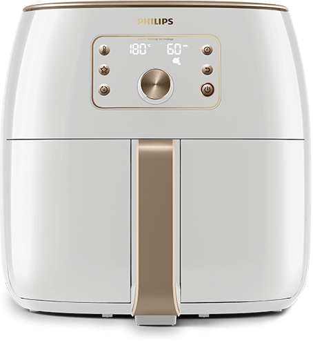 Biała frytkownica beztłuszczowa z panelem sterowania, na którym widoczne są cyfry \'180°\' i \'60°\'. Na górze znajduje się logo \'PHILIPS\'.