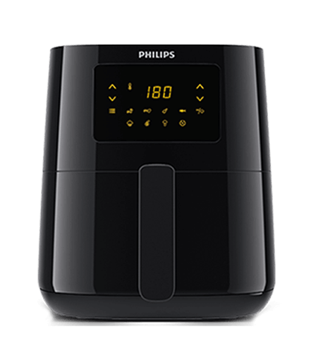 Czarna frytkownica beztłuszczowa z wyświetlaczem cyfrowym pokazującym liczbę 180 oraz ikonami funkcji. Na urządzeniu widoczne jest logo PHILIPS.
