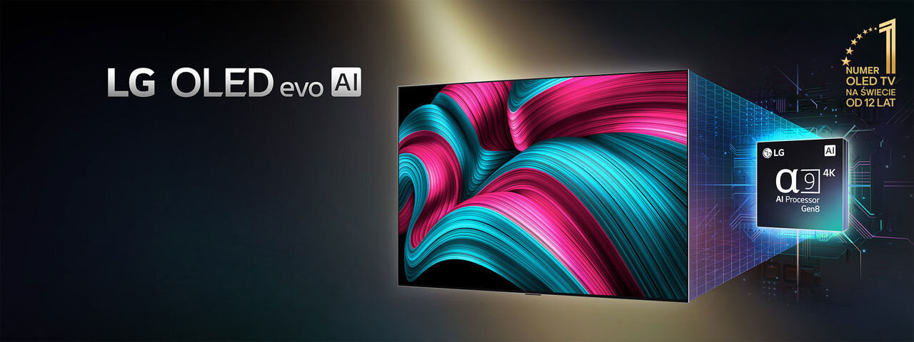 Obraz przedstawia telewizor z kolorowym, abstrakcyjnym wzorem na ekranie oraz tekst \'LG OLED evo AI\'. Obok widoczny jest symbol procesora z napisem \'α9 AI Processor Gen6\' oraz informacja \'Numer 1 OLED TV na świecie od 12 lat\'.