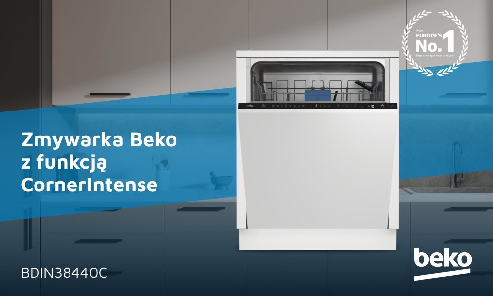 Na obrazie widoczna jest zmywarka z napisem \'Zmywarka Beko z funkcją CornerIntense\'. W prawym dolnym rogu znajduje się logo \'beko\'.