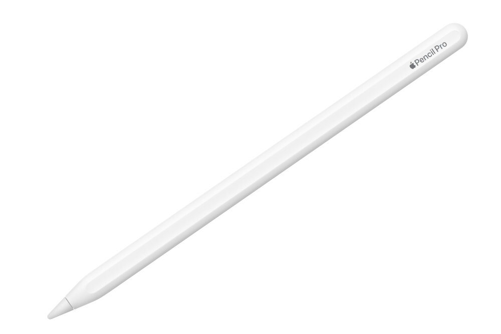 Biały rysik z napisem \'Pencil Pro\' i logo jabłka na jednym końcu.