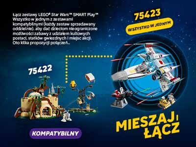 Obraz przedstawia zestawy LEGO Star Wars z numerami 75422 i 75423, z tekstem: \'Łącz zestawy LEGO Star Wars SMART Play. Wszystko w jednym z zestawami kompatybilnymi (każdy zestaw sprzedawany oddzielnie), aby dać dzieciom nieograniczone możliwości zabawy z udziałem kultowych postaci, statków gwiezdnych i miejsc akcji. Oto kilka propozycji połączeń...\'. Widoczny jest także napis \'MIESZAJ, ŁĄCZ\' oraz etykieta \'KOMPATYBILNY\'.