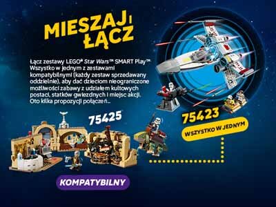 Grafika promocyjna przedstawia zestawy LEGO Star Wars z widocznymi modelami statków kosmicznych i postaci. Tekst na obrazie: \'MIESZAJ ŁĄCZ\', \'75425 KOMPATYBILNY\', \'75423 WSZYSTKO W JEDNYM\'.