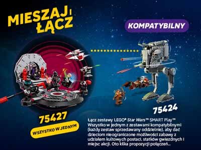 Obraz przedstawia dwa zestawy LEGO Star Wars z napisami \'MIESZAJ, ŁĄCZ\' i \'KOMPATYBILNY\'. Zestaw 75427 opisany jest jako \'WSZYSTKO W JEDNYM\', a zestaw 75424 jest pokazany obok z tekstem wyjaśniającym możliwości łączenia zestawów.