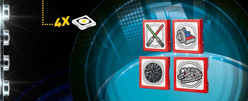 Obraz przedstawia cztery kwadratowe płytki z różnymi symbolami: dwa miecze świetlne, silnik, wirujący wzór i statek kosmiczny. Po lewej stronie widoczny jest napis \'4X\' oraz symbol przypominający jajko sadzone.