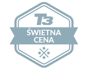 300x240 t3 Sześciokątny emblemat w kolorze szarym z napisem \'T3 ŚWIETNA CENA\' oraz dekoracyjnym symbolem na dole.