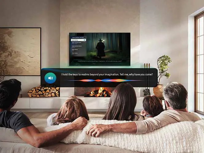 664x498-sustainability audio subtitles pc Grupa osób siedzi na kanapie, oglądając telewizor zawieszony na ścianie, na którym wyświetlana jest scena z lasem i postacią w płaszczu. Na ekranie widoczny jest tekst: \'I hold the keys to realms beyond your imagination. Tell me, why have you come?\'.