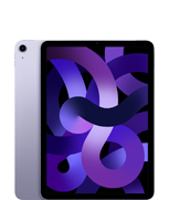Tablet w kolorze niebieskim z wyświetlaczem przedstawiającym abstrakcyjne, fioletowe wzory. Na obudowie widoczne jest logo producenta: APPLE.