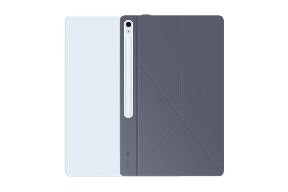 Obraz przedstawia czarne etui na tablet z widocznym logo \'SAMSUNG\'. Etui ma geometryczne wzory i miejsce na rysik.