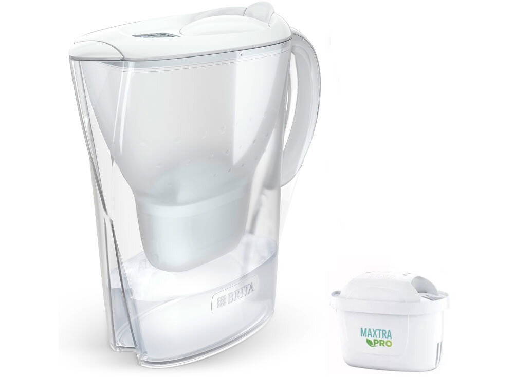 Na obrazie widoczny jest biały dzbanek filtrujący z logo BRITA oraz wkład filtrujący z napisem \'MAXTRA PRO\'.