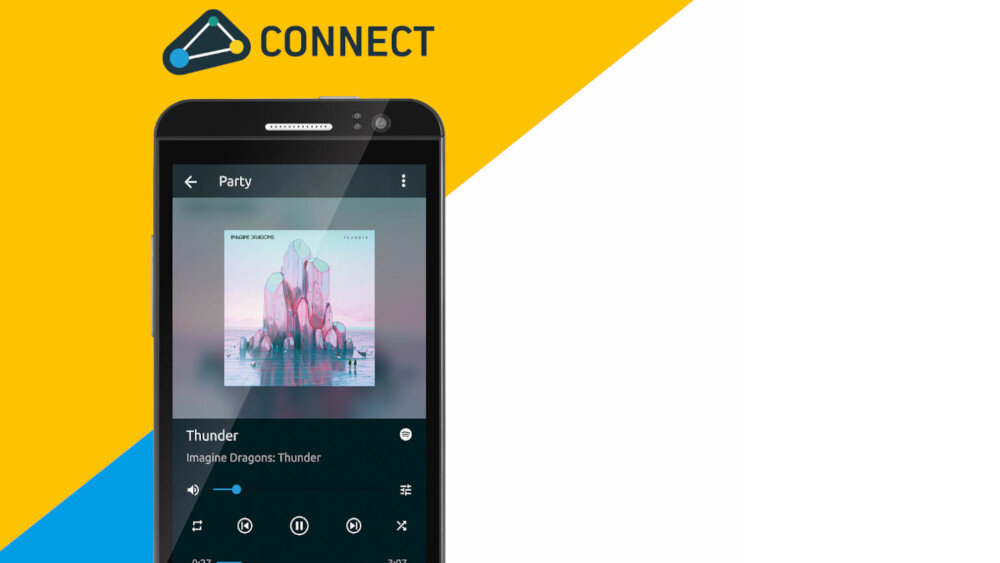 Na obrazie widoczny jest smartfon z aplikacją muzyczną, na której odtwarzany jest utwór \'Thunder\' zespołu Imagine Dragons. W tle znajduje się żółto-niebieskie tło z logo \'CONNECT\'.
