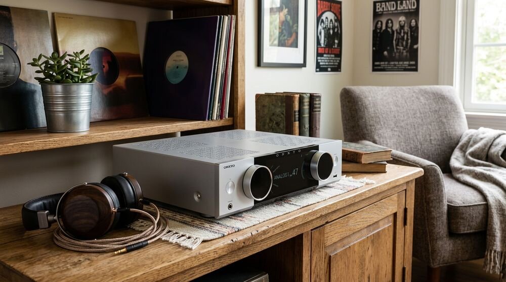 System ALL IN ONE ONKYO MUSE Y-40 centrum hi-fi wzmacniacz zintegrowany streaming, urządzenie stojące na komodzie w pomieszczeniu