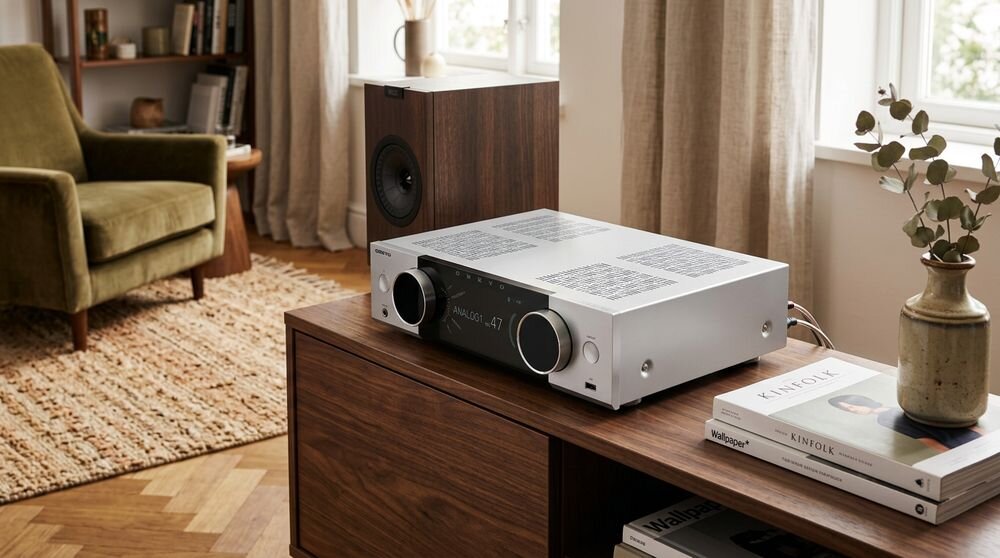 System ALL IN ONE ONKYO MUSE Y-40 wzmacniacz zintegrowany odtwarzacz sieciowy 2 x 125 W, urządzenie stojące na komodzie w pomieszczeniu
