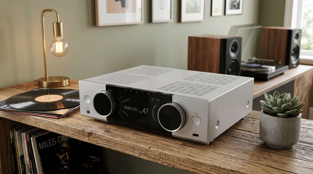 System ALL IN ONE ONKYO MUSE Y-40 wzmacniacz Axign klasa D MOS FET 125 W 4 Ω 75 W 8 Ω, urządzenie stojące na komodzie w pomieszczeniu
