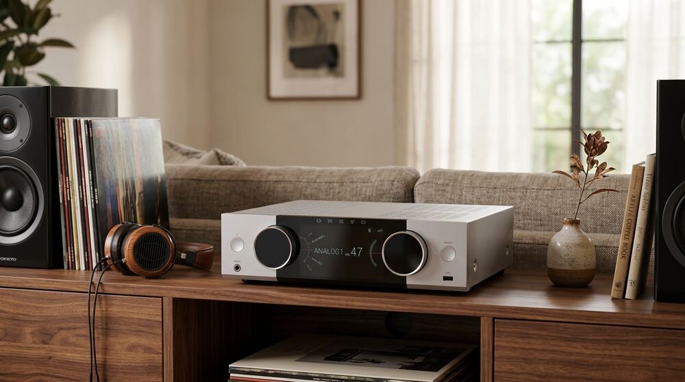 System ALL IN ONE ONKYO MUSE Y-40 kolorowy wyświetlacz LCD 5,46 cala okładki albumów wskaźniki VU, urządzenie stojące na komodzie w pomieszczeniu