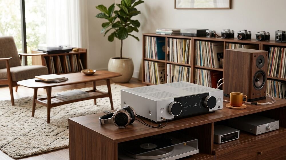 System ALL IN ONE ONKYO MUSE Y-40 Spotify Connect TIDAL Connect Qobuz Connect AirPlay 2 Chromecast, urządzenie stojące na komodzie w pomieszczeniu