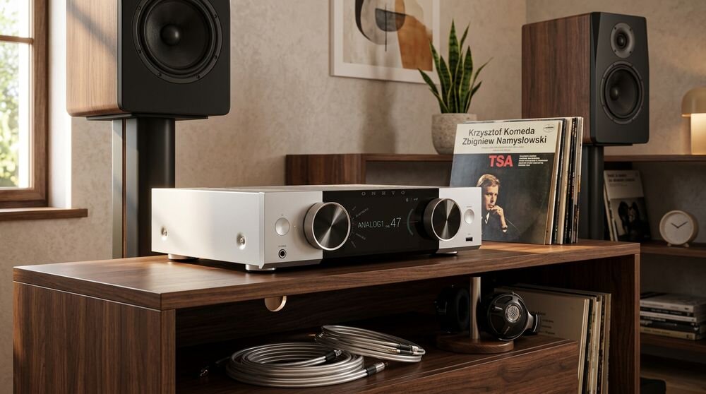 System ALL IN ONE ONKYO MUSE Y-40 wzór San Kuzushi aluminiowy panel przedni sztywna konstrukcja, urządzenie stojące na komodzie w pomieszczeniu