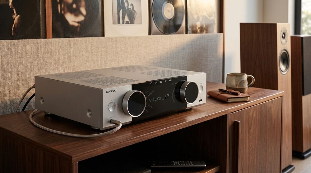 System ALL IN ONE ONKYO MUSE Y-40 bezwentylatorowa konstrukcja kontrola temperatury cicha praca, urządzenie stojące na komodzie w pomieszczeniu