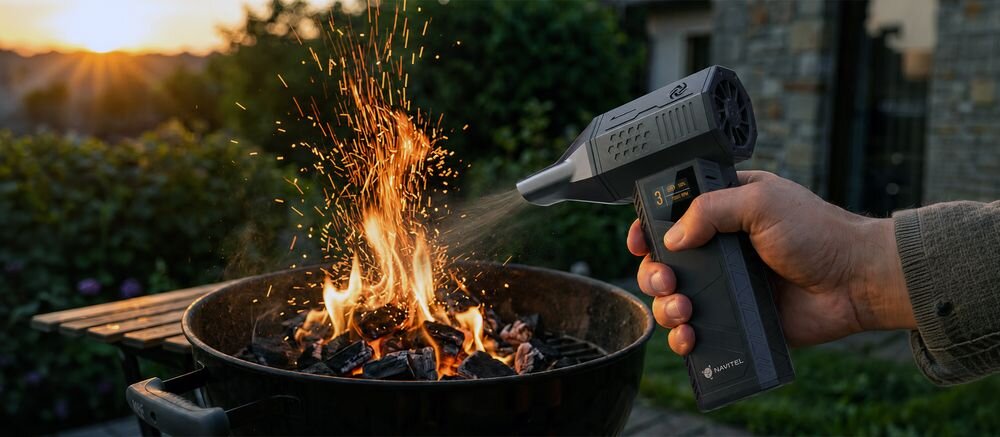 Osoba trzyma urządzenie przypominające dmuchawę, skierowane na grill z płonącym węglem. Na urządzeniu widoczne jest logo \'NAVITEL\'.