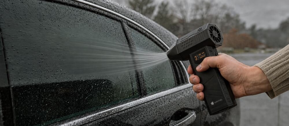 Osoba trzyma urządzenie przypominające dmuchawę, które wydmuchuje strumień powietrza na mokrą szybę samochodu. Na urządzeniu widoczny jest wyświetlacz z cyfrą \'3\' oraz logo \'NAVITEL\'.