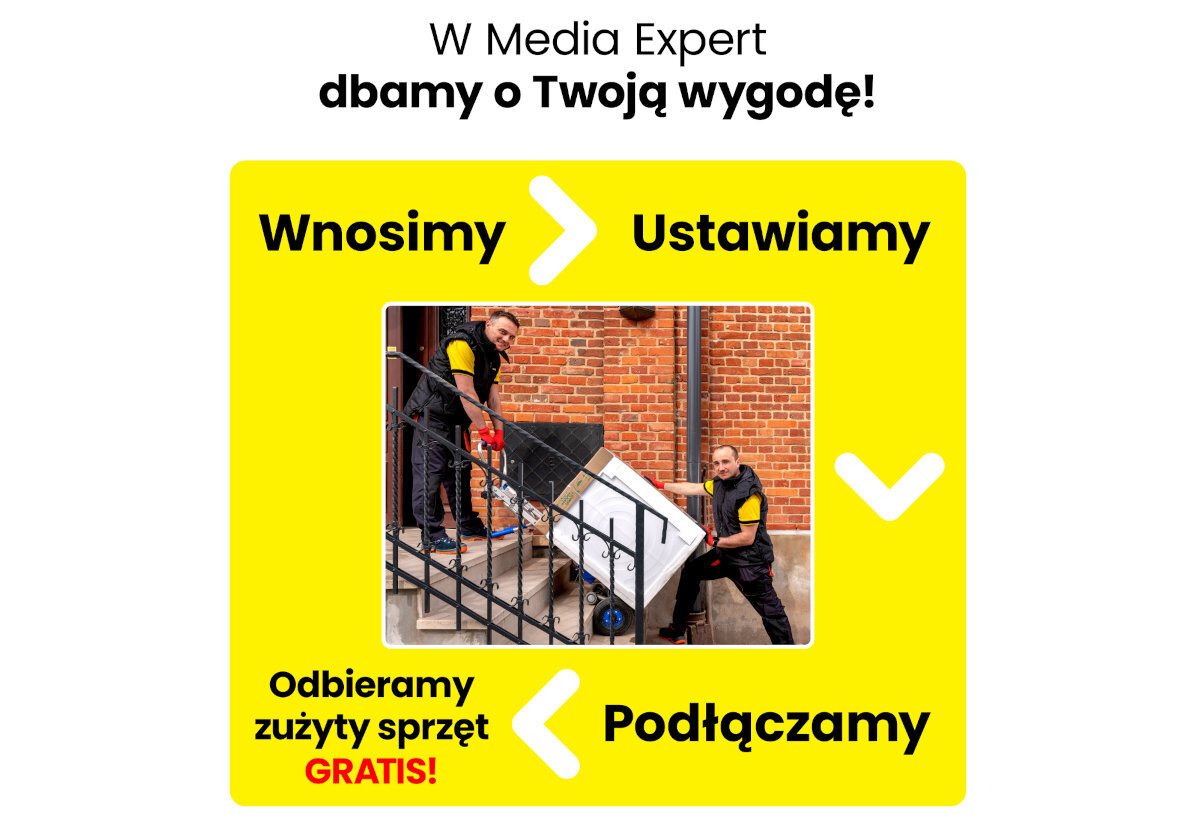 Na żółtym tle znajduje się napis \'W Media Expert dbamy o Twoją wygodę!\' oraz hasła: \'Wnosimy\', \'Ustawiamy\', \'Podłączamy\'. W centralnej części zdjęcie przedstawia dwóch mężczyzn wnoszących pralkę po schodach, a poniżej napis \'Odbieramy zużyty sprzęt GRATIS!\'.