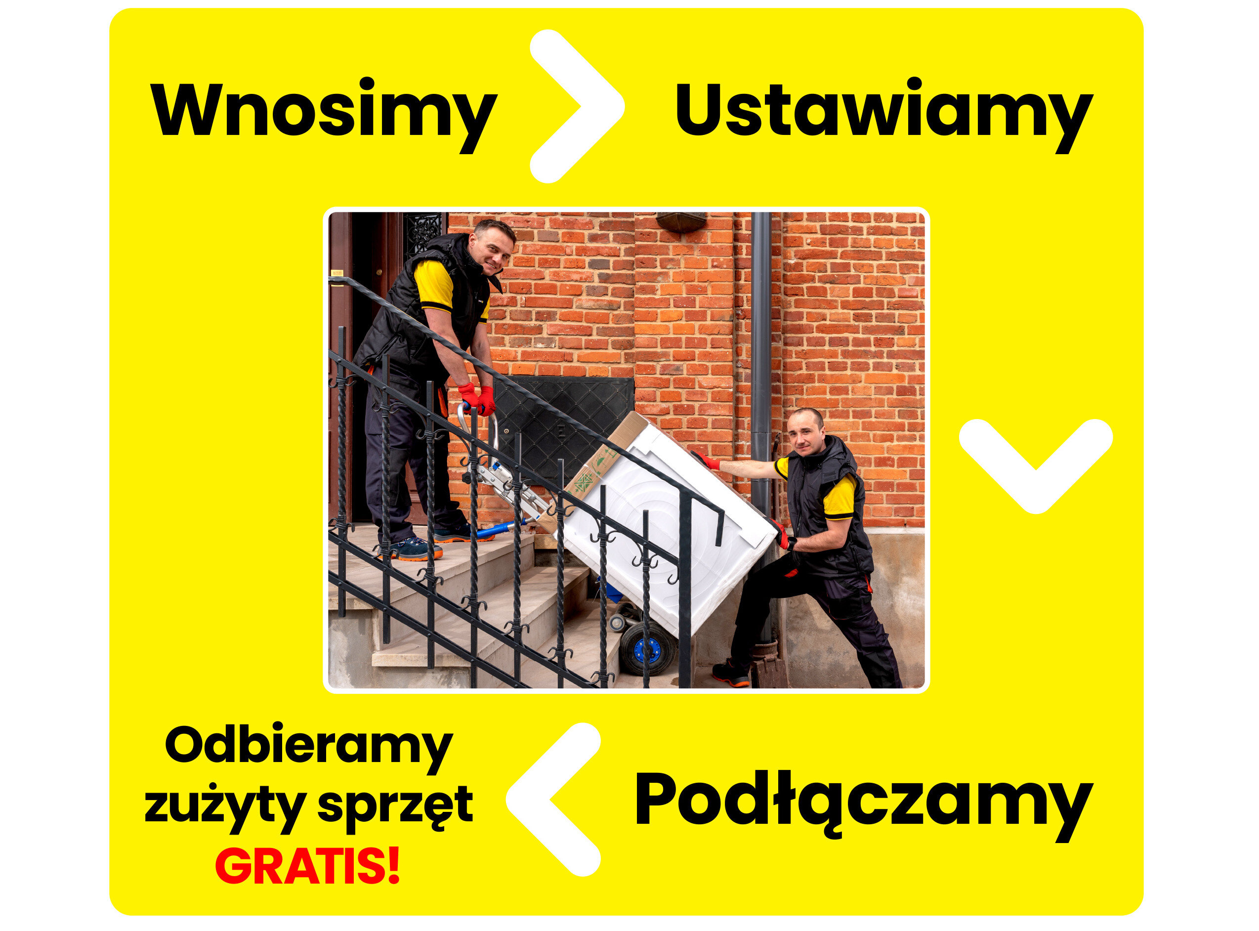 Na zdjęciu widać dwóch mężczyzn wnoszących pralko-suszarkę po schodach. Tekst na żółtym tle: \'Wnosimy\', \'Ustawiamy\', \'Podłączamy\', \'Odbieramy zużyty sprzęt GRATIS!\'.
