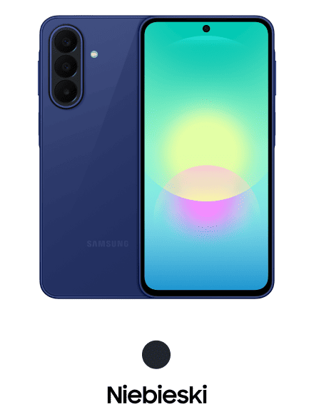 Galaxy A27 w kolorze niebieskim Obraz przedstawia smartfon w kolorze niebieskim z trzema aparatami z tyłu i ekranem z przodu. Pod urządzeniem znajduje się napis \'Niebieski\'.