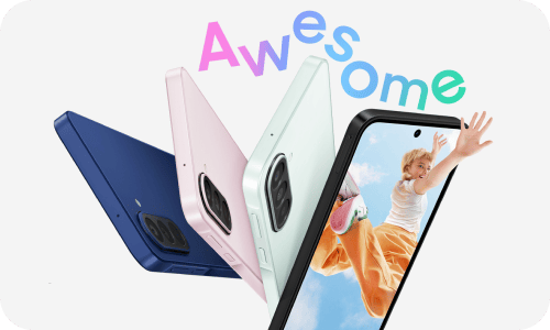 Galaxy A27 5G w różnych kolorach na białym tle z napisem „Awesome” i dynamiczną grafiką promocyjną. Trzy smartfony w kolorach niebieskim, różowym i miętowym są ustawione pod kątem, ukazując tylną kamerę. Nad nimi widoczny jest kolorowy napis \'Awesome\', a na ekranie jednego z telefonów widać osobę w skoku na tle nieba.