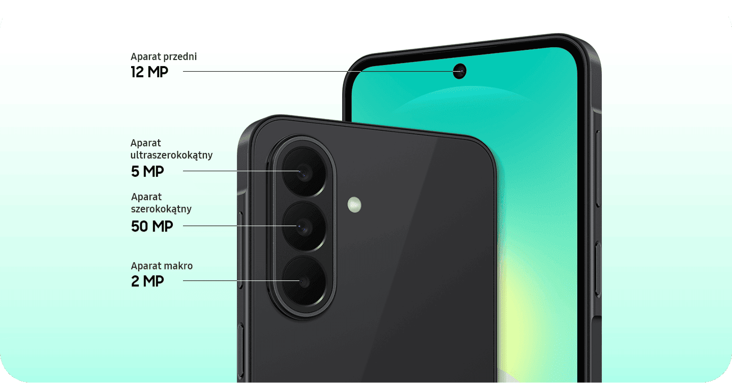 Zbliżenie na tylny potrójny aparat Galaxy A27 5G w czarnym kolorze oraz na przedni aparat. Obraz przedstawia smartfon z trzema aparatami z tyłu i jednym z przodu. Opisane są parametry aparatów: przedni 12 MP, ultraszerokokątny 5 MP, szerokokątny 50 MP, makro 2 MP.