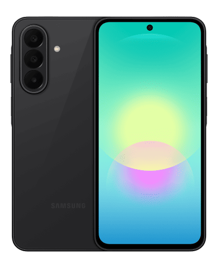 Galaxy A27 w kolorze czarnym Smartfon z dużym ekranem, z przodu widoczny wyświetlacz z gradientowym tłem, z tyłu trzy obiektywy aparatu i logo SAMSUNG.