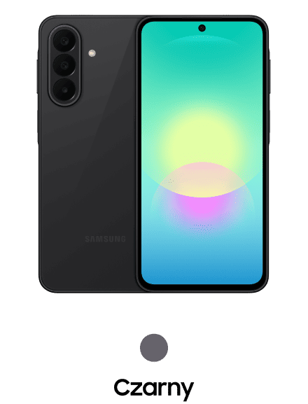 Galaxy A27 w kolorze czarnym Obraz przedstawia czarny smartfon z trzema aparatami z tyłu i ekranem z kolorowym gradientem. Pod urządzeniem widnieje napis \'Czarny\'.