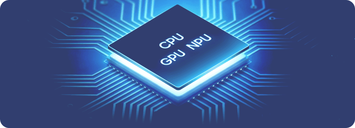 Ośmiordzeniowy procesor Galaxy A27 5G pokazany jest na siatce. Obraz przedstawia schematyczny układ scalony z napisami \'CPU\', \'GPU\', \'NPU\' na tle niebieskich ścieżek elektronicznych.
