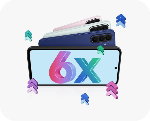Smartfon z komunikatem 6x aktualizacje systemu i zabezpieczeń. Na obrazie widoczne są cztery smartfony w różnych kolorach, ułożone jeden nad drugim, z wyświetlaczem pokazującym napis \'6X\'. Wokół urządzeń znajdują się kolorowe strzałki skierowane w górę.