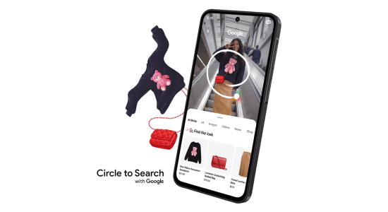 Circle to Search w Google – zaznaczanie obiektu na ekranie telefonu i wyszukiwanie. Obraz przedstawia smartfon z aplikacją Google, na ekranie widoczna jest funkcja wyszukiwania wizualnego. Obok telefonu znajduje się czarny sweter z różowym motywem i czerwona torebka.