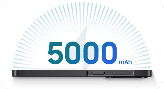 Na zdjęciu Galaxy A27 5G. Nad urządzeniem widnieje napis „5000 mAh”, który zapewnia całodzienną produktywność i rozrywkę. Obraz przedstawia bok smartfona z widocznymi przyciskami, nad którym znajduje się napis \'5000 mAh\' z promieniami rozchodzącymi się w tle.
