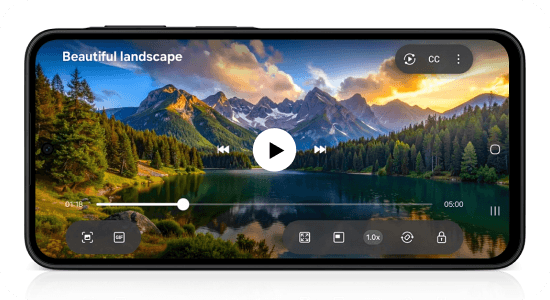 lepszy widok Smartfon wyświetla krajobraz górski z jeziorem i lasem, z widocznymi elementami interfejsu odtwarzacza wideo. Na ekranie znajduje się tekst \'Beautiful landscape\'.