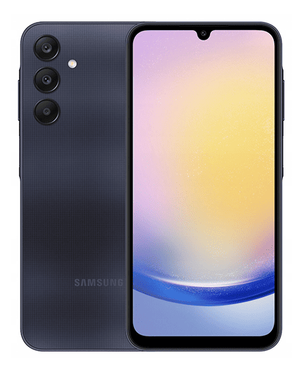 Galaxy A25 w kolorze czarnym Smartfon z dużym ekranem, na którym widoczny jest gradientowy motyw. Na tylnej obudowie znajdują się trzy kamery i logo SAMSUNG.