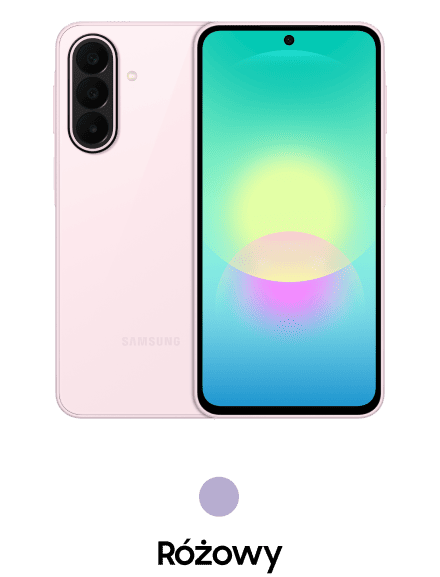 Galaxy A27 w kolorze różowym Na obrazie widoczny jest smartfon z dużym ekranem i trzema aparatami z tyłu. Na obudowie znajduje się logo \'SAMSUNG\'.