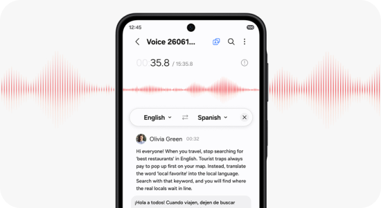 Aplikacja tłumaczenia głosowego z falą dźwięku i tłumaczeniem języków na telefonie. Smartfon wyświetla aplikację do tłumaczenia głosowego z widocznym tekstem: \'Hi everyone! When you travel, stop searching for \'best restaurants\' in English. Tourist traps always pay to pop up first on your map. Instead, translate the word \'local favorite\' into the local language. Search with that keyword, and you will find where the real locals wait in line.\' oraz jego tłumaczenie na hiszpański. W tle widoczna jest wizualizacja fal dźwiękowych.