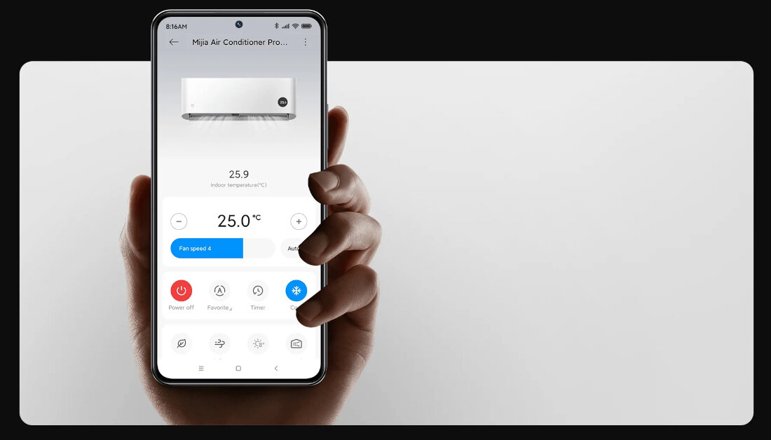 Klimatyzator Split, Pompa ciepła powietrze - powietrze XIAOMI Mijia Air Conditioner Eco 3.5 kW  zdjęcie lifestyle Wygodne sterowanie  za pomocą pilota lub aplikacji mobilnej Xiaomi Home  Integracja z ekosystemem Xiaomi 