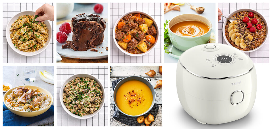 Obraz przedstawia multicooker w kolorze białym z wyświetlaczem cyfrowym oraz osiem zdjęć różnych potraw, takich jak makaron, ciasto czekoladowe, gulasz, zupa krem, owsianka z owocami, ryż z mięsem, kasza z ziołami i zupa dyniowa. Na urządzeniu widoczne jest logo \'Tefal\'.