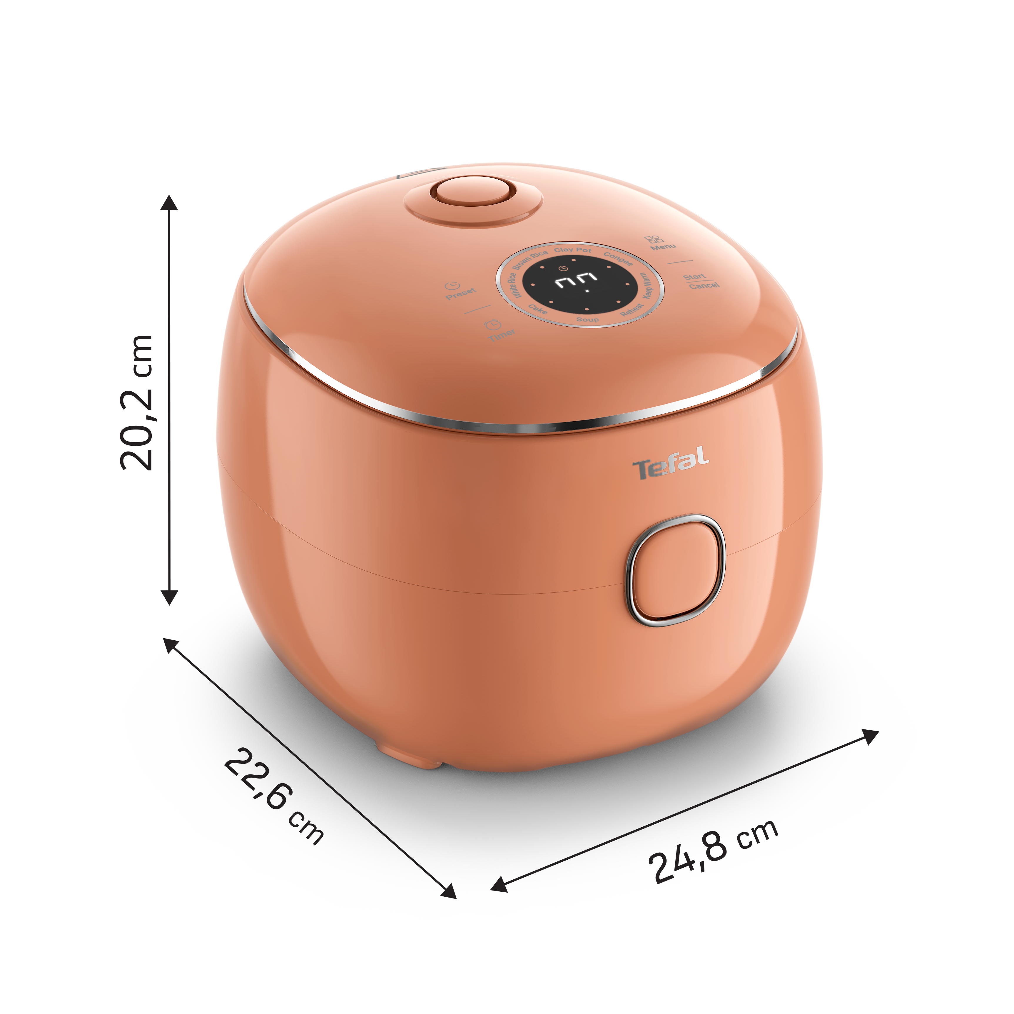 Na obrazie widoczny jest multicooker w kolorze pomarańczowym z logo \'Tefal\' na przodzie. Wymiary urządzenia to 22,6 cm na 24,8 cm.