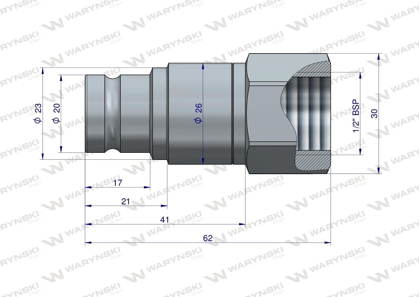 Rysunek techniczny szybkozłącza hydraulicznego z wymiarami: średnica 23 mm, 20 mm, 26 mm, długość 62 mm, 41 mm, 21 mm, 17 mm, oraz gwint 1/2\