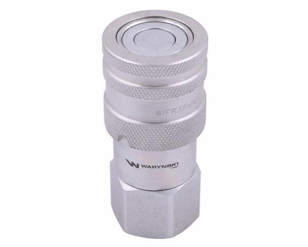 Srebrne szybkozłącze hydrauliczne suchoodcinające z widocznym napisem \'WARYŃSKI\' na powierzchni oraz oznaczeniem \'W1F3/8MV\'.